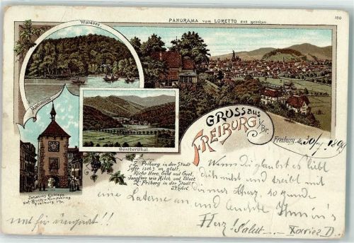 79098 W7800 Freiburg im Breisgau 1899 Lithographie Waldsee Günterstal Schwabentor Gedicht