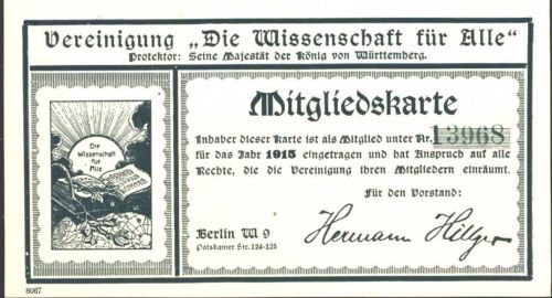 Berlin, unsortiert Mitgliedskarte von 1915 Vereinigung Die Wissenschaft für Alle