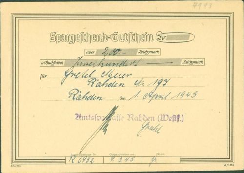 W4993 Rahden , Westf Hasen Spargeschenk Gutschein 200 Reichsmark Sparkasse Klapp AK