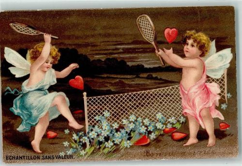 1908 Engel spielen Tennis mit Herzen AK