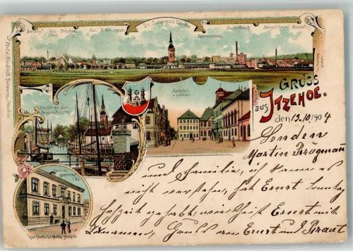 Itzehoe 1904 Lithographie Marktplatz Rathaus St. Laurentiuskirche Die Stör Hinterm Klosterhof Wappen Stauchung