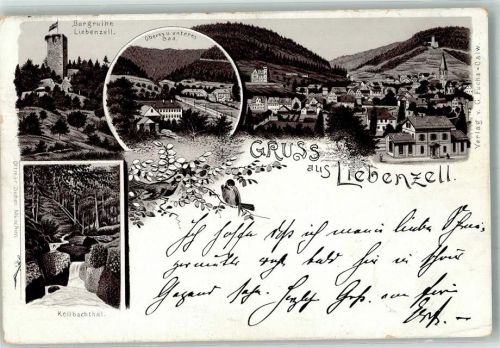 Bad Liebenzell 1896 Verläufer Druck 1890 - 95 Burgruine Liebenzell Obers und unteres Bad Kollbachtal