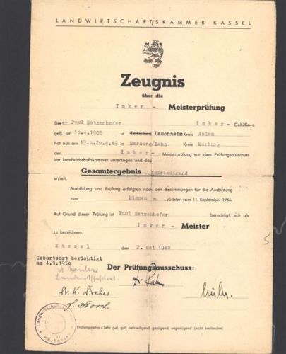 Kassel Zeugnis über die Imker - Meisterprüfung von 1949 auf Leinen