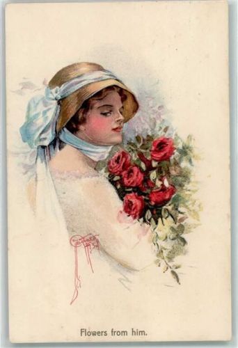 1915 Flowers from him , Frau mit Rosen AK
