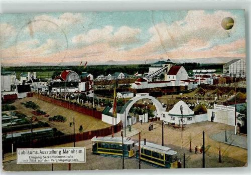 Mannheim 1909 Jubiläums-Ausstellung Eingang Seckenheimerstraße Vergnügungspark Straßenbahn Heißluftballon