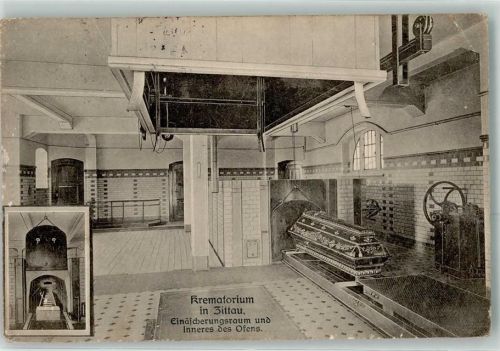 Zittau 1913 Krematorium Einäscherungsraum Inneres des Ofens Sarg