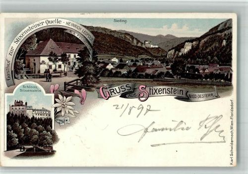 Stixenstein 1897 Lithographie Gasthaus zur Stixensteeiner Quelle K.K. Postmeister Schloss