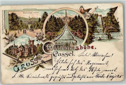 Wilhelmshöhe 1899 Lithographie Cascaden Aquadukt Schloss Löwenburg