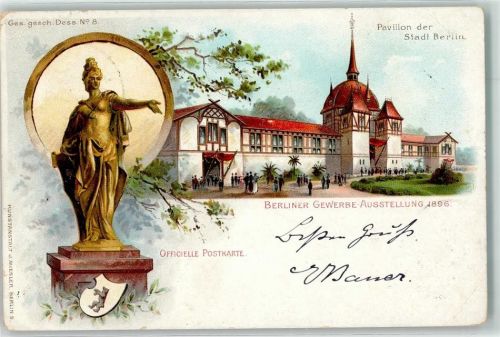 Treptow 1896 Gewerbe-Ausstellung 1896 Pavillion d. Stadt Berlin Berolina Sonderstempel