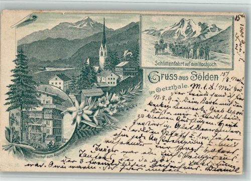 Sölden 1898 Vorläufer Gasthaus zum Alpenverein Kirche Hochjoch Schlittenfahrt Lithographie