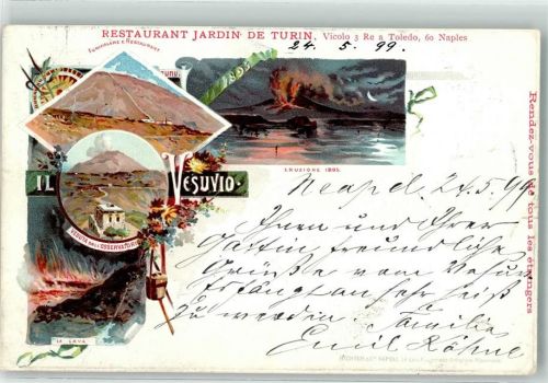 Napoli Gasthaus Jardin de Turin Eruzione Veduta dall`Osservatorio Vesuvio Lithographie