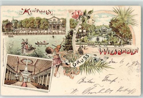 Wiesbaden 1897 Kurhaus Gondelteich Kurhausplatz Kurhaussaal Engel mit Geige