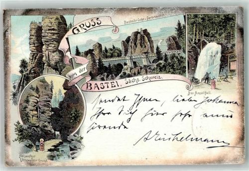 Bastei 1896 Felsentor Basteibrücke Amselfall-Wasserfall