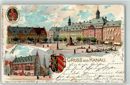 Hanau 1899 Matktplatz Marktszene Denkmal Altstädter Rathaus Wappen sign. R. Joost