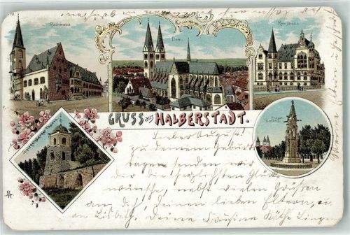 Halberstadt 1898 Lithographie Spiegelsberger Turm Rathaus Dom Kreishaus Kriegerdenkmal