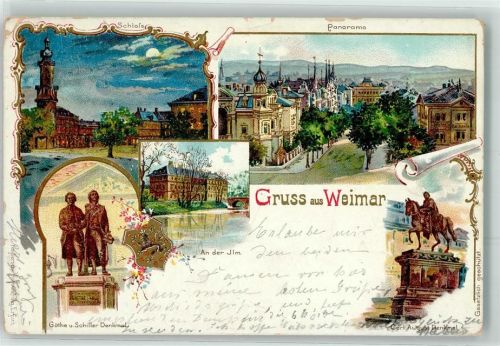 Weimar 1898 Schloss Goethe Schiller Denkmal Carl August Denkmal An der Ilm Lithographie