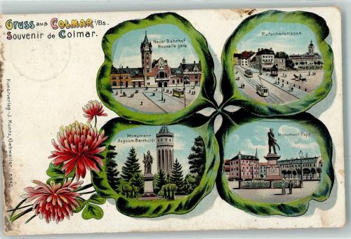 Colmar Neuer Bahnhof Rufacherstrasse Monument Rapp Auguste Bartholdi Kleeblatt Tram Straßenbahn Kutsche Turm Pavillon Lithographie