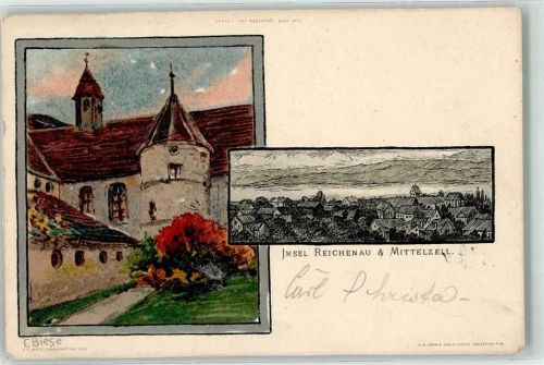 78479 W7752 Reichenau , Baden 1904 Gebrauchsspuren Insel Reichenau & Mitterzell sign. C. Biese Künstlerlithographie