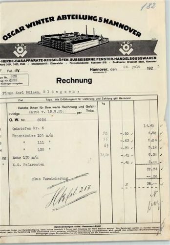 Hannover Rechnung von 1925 Oscar Winter Öfen Handelsgusswaren