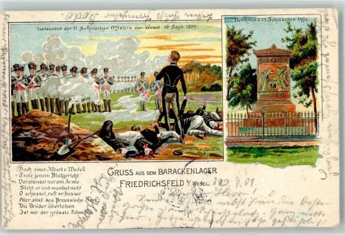46483 W4230 Wesel a Rhein 1901 Lithographie Gruss Barackenlager Denkmal Schillßschen Offiziere Heldentod 16. September 1809 Uniform Pferd Soldaten Gedicht Friedrichsfeld