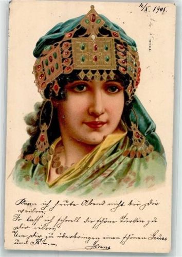 Frau mit Kopfschmuck Trachten Ungarn 1905 Prägedruck