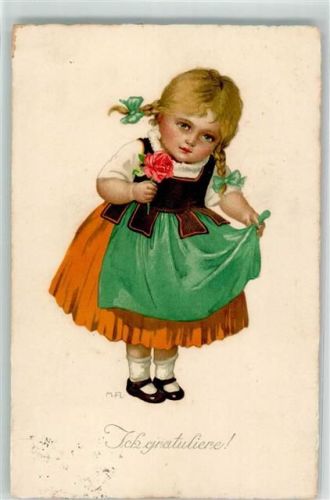 1927 Kind mit Dindl und Zöpfen und eine Rose : Ich gratuliere