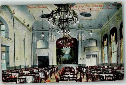 Friedrichshain 1907 Gruss aus den Festsölen des Ostens Grosser Festsaal Kronleuchter Bühne
