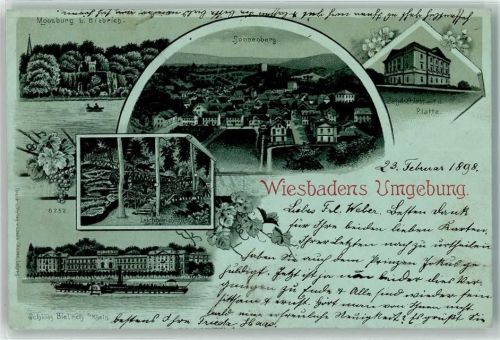 Wiesbaden 1898 Moosburg Sonnenberg Platte Schloss Biebrich Raddampfer Ruderboot Reben Blumen Umgebung