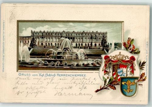 Herrenchiemsee 1901 Kgl. Schloss Wappen Lithographie