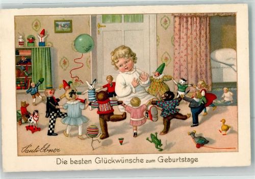 Puppen vermenschlicht Teddybär Frosch auf AK Geburtstag Verlag Rökl Nr. 2479