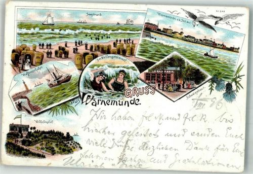 Warnemünde 1896 Hafeneinfahrt Segelschiff Seestrand Badende im Wellengetümmel Möwen