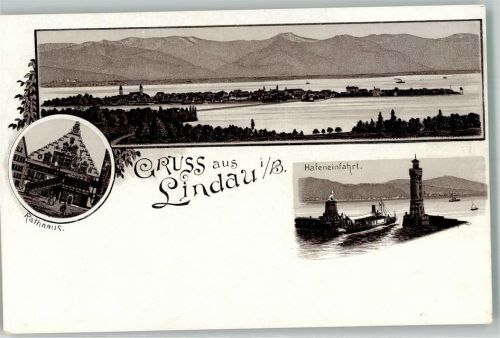 Lindau Rathaus Hafeneinfahrt mit Leuchtturm Vorläufer