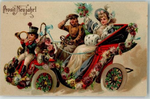 Verlag P.F.B. Serie 7936 Glamour Automobil Pelzmode Muff Postillon Neujahr Blumen