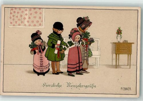 Verlag August Rökl Nr. 1305 Neujahr Kinder mit Glücksklee
