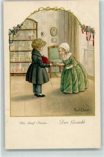 1923 August Rökl Nr. 1316 Die fünf Sinne: Das Gesicht Junge überrascht ein Mädchen mit einem Geschenk