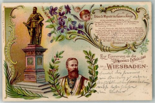 Wiesbaden 1897 Kaiser Friedrich-Denkmal Erlass Sr. Majestät Friedrich III Portrait Kaiser Friedrich III Putti-Köpfe