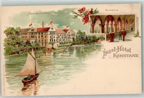 Konstanz Insel Hotel Ansicht vom See Kreuzgang Ruderboot Segelboot Fahne Weiß Rot