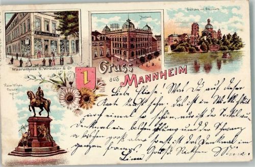 Mannheim 1898 Warenhaus S. Wronker & Co Postamt Stadtpark Sternwarte Kaiser Wilhelm Denkmal Werbung Seifen Gustav Boehm