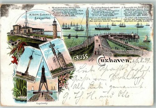 Cuxhaven 1899 Lithographie Seepavillon Zeitball Leuchtturm Kugelbaake