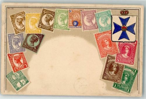 Brisbane Prägedruck Briefmarkenabbildungen auf AK Queensland Australien