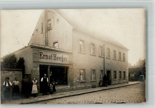 Riesa 1913 Geschäft Ernst Heeger Emailleschilder Privatfoto AK Ort handschriftlich