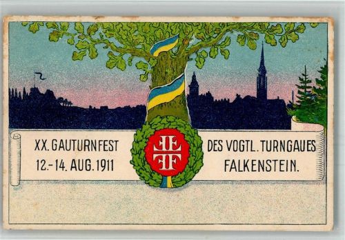 Falkenstein 1911 Lithographie 20. Gauturnfest des Vogtl. Turngaues 1911 Eiche Wappen Festpostkarte