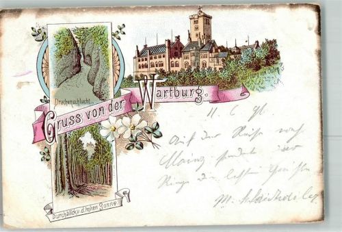 Eisenach 1896 Bahnpost Eisenach Lichtenfels Zug 101 1.6.96 Wartburg Drachenschlucht Durchblick v.d. hohen Sonne Lithographie