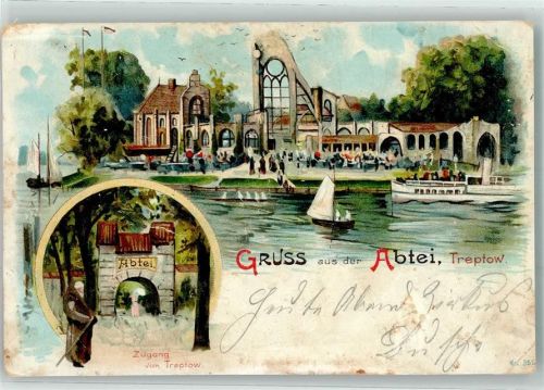 Treptow 1906 Abtei Mönch Segelboote Lithographie
