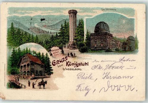 Heidelberg 1900 Gruss vom Königstuhl Sternwarte Turm Lithographie
