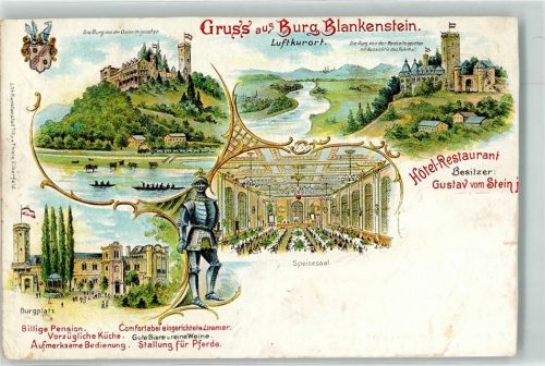 Hattingen 1898 Lithographie Burg Blankestein Hotel-Gasthaus Burg Blankenstein Speisesaal Burgplatz Ritterrüstung