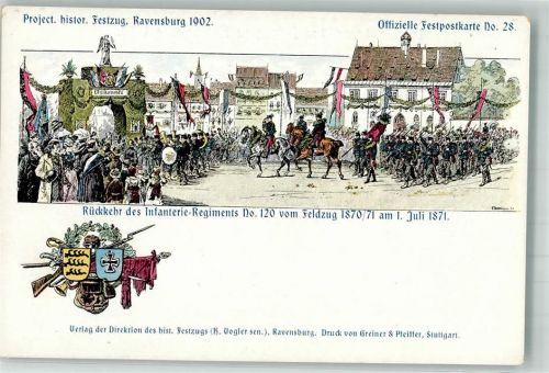 Ravensburg Rückkehr d, Infanterie-Regiments No. 120 v. Feldzug 1870/71 a. 1.7.1871 Jahrtausendfeier 3.-4.8.1902
