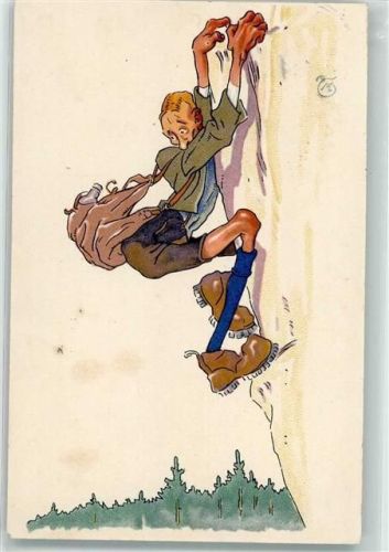 Mödling 1931 Verängstigter Bergsteiger an der Wand Hüttenstempel Ort lt. Stempel
