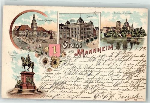 Mannheim 1899 Rathaus Martktplatz Postamt Stadtpark Sternwarte Kaiser Wilhelm Denkmal Gruss Blumen