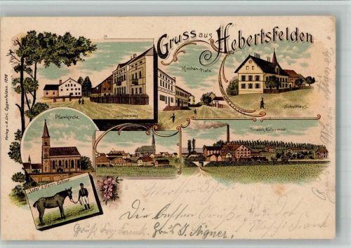 Hebertsfelden 1899 Lithographie Pferd Lutzi mit Herrn Zellner Pfarrkirche Tonwerke Kolbermoor Hauptstrasse Kirchplatz